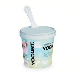 Pot en plastique pour yaourt et gelato avec couvercle et cuillère intégrée, rond, 500 ml, étiquette IML imprimée, pot pour crème sure - Product Image 1
