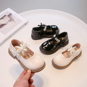 2025 Autumn New Girls' Casual Student <b>Shoes</b> Fashion Pearl Princess Leather Bow with PU Insole Black Performance <b>Shoes</b> - Product Image 2