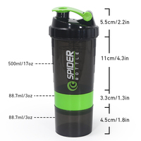 Bouteille shaker de protéines de gymnastique en plastique noir à trois couches de 500ml sans BPA avec logo personnalisé bouteille d'eau de gymnastique sportive avec marqueur à tiques