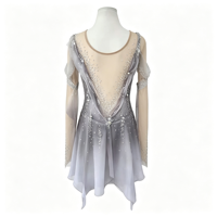 Robe de patinage artistique à épaules dénudées, dégradé gris et blanc, avec strass et maille, pour compétition et performance (adultes et enfants)