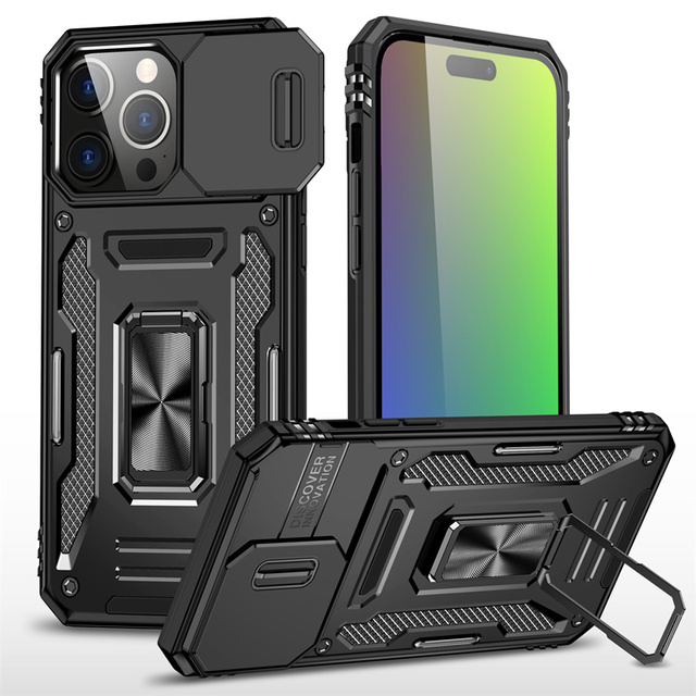 Case for iPhone 16 15 14 13 Pro Max Pro Plus 7 8 Plus X XS XR Slide Camera Ring Stand Armor Anti-fall Protection Kickstand Cover