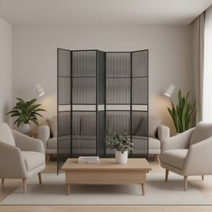 Paravent de séparation de pièce en polyrotin noir à 6 panneaux, design moderne pliable et translucide, décoration intérieure - Product Image 2