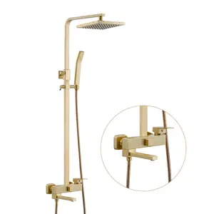 Luxury Square Shower Head Bathroom Wall Mounted Brushed Gold Brass Bath Rain Shower Set