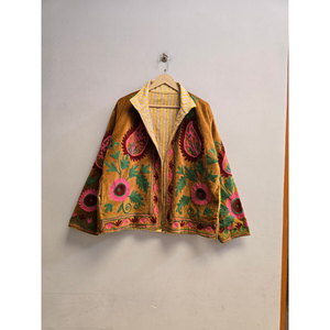 Veste pour femme en velours marron moutarde brodée de fleurs, avec motifs cachemire rose et botaniques verts, à manches longues, style bohème - Product Image 1