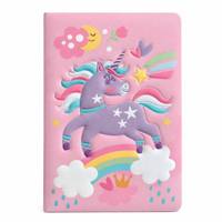 Carnet en plastique 3D gaufré licorne, couverture rose mate douce au toucher avec coins arrondis, journal scolaire personnalisable pour enfants