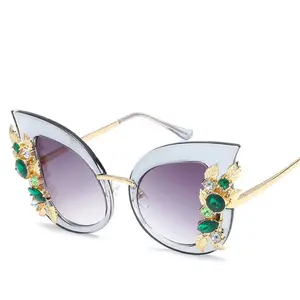 QJC241 Kacamata Hitam Mata Berlian Imitasi Wanita, Kacamata Hitam Mata Kucing Berlian Imitasi Bening Bermotif Bunga untuk Wanita