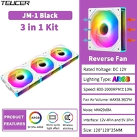 Ventilateur de refroidissement PC TEUCER JM-1, nouveau, avec effet lumineux ARGB à cycle miroir, 2200 tr/min, PWM, 120 mm, pour boîtier d'ordinateur, 29 dBA, 58,36 CFM, noir/blanc
