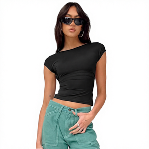 Haut court moulant sexy et décontracté pour femme, dos nu, ajouré, respirant, imprimé numérique uni, teinture unie - Product Image 4