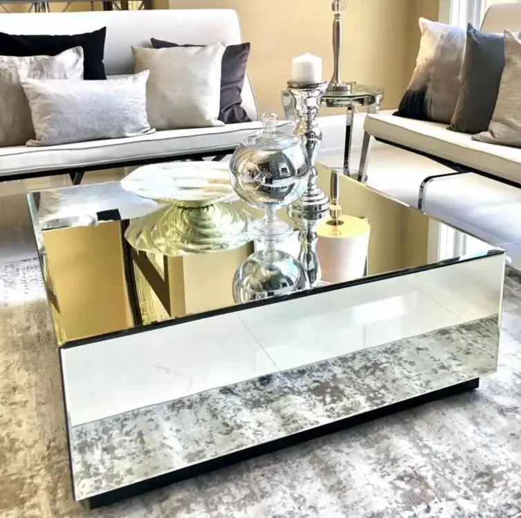 Hot Sale Style Quadratischer Mittel tisch mit niedriger Höhe Sparkle Silver Block Mirrored Couch tisch für Home Hotel