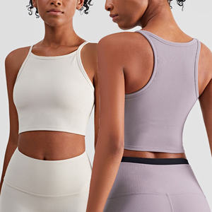 Soutien-gorge de sport à col halter côtelé pour femmes, haut de yoga, couverture complète, sans fil, fitness, gym, haut court - Product Image 1
