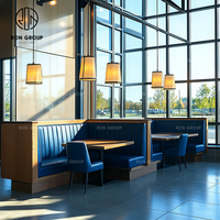 Ensemble de meubles modernes en bois et velours bleu pour hôtel, restaurant, salon de thé, fast-food, café : table, chaise, canapé, banquette