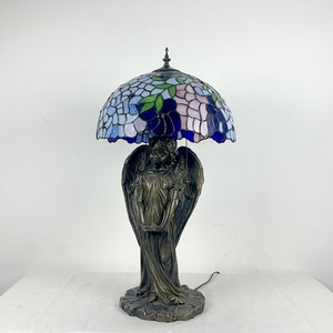 LongHuiJing European <b>Simple</b> for Lamp Stained Glass Bedside Table Lamp Wisteria Blue Style Reading <b>Desk</b> Light With Angel Base LED - Product Image 2