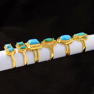 Turquoise Adjustable Wedding Rings 21k Copper Gold Plated Vintage Rings Jewelry for Dubai Middle East Womens - Product Image 6