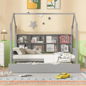 Kids House <span class=keywords><strong>Bed</strong></span> Montessori Floor <span class=keywords><strong>Bed</strong></span> House Floor <span class=keywords><strong>Bed</strong></span> con nido y estante de almacenamiento, Full/Twin Size - Playhouse Design - Product Image 3