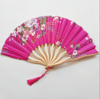 Éventail pliant chinois vintage à motif floral en bambou, imprimé oriental, avec pompon, idéal pour les mariages et les cadeaux de fête