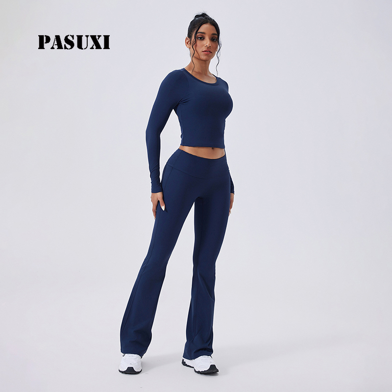 PASUXI Solid Women Yoga Set Long Sleeve Backless 2 Piece Gym Activewear High Waist Breathable Fitness Workout Sportswear