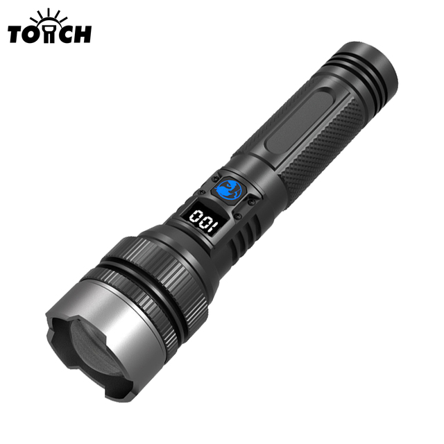 Aluminum Alloy Tactical Flashlight High Lumen LED Zoomable Waterproof Torch LCD Display Emergency Light Rechargeable Flashlight