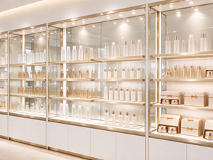 Îlot de présentation cosmétique moderne avec éclairage LED et dos en verre pour mobilier de magasin de parfums - Product Image 5