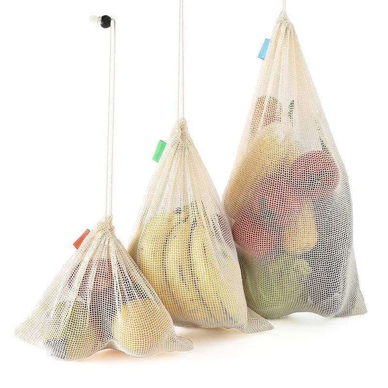 Malote De Frutas Vegetais De Armazenamento Reutilizável Shopping Grocery Bag Sacos De Malha De Algodão Orgânico Biodegradável