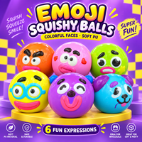 Vente en gros de balles en PU moelleuses, colorées, avec des visages amusants de dessins animés, jouets anti-stress à presser, 6 designs assortis, boîte de présentation de 12 pièces