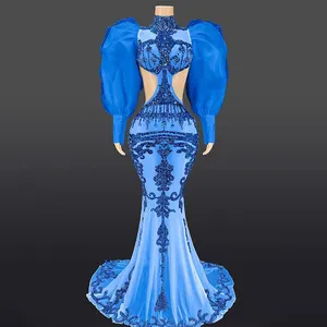 Hollow Mermaid Wedding Dresses Women Evening fashion show Sparkly Blue Diamond Luxury Cocktail Dress