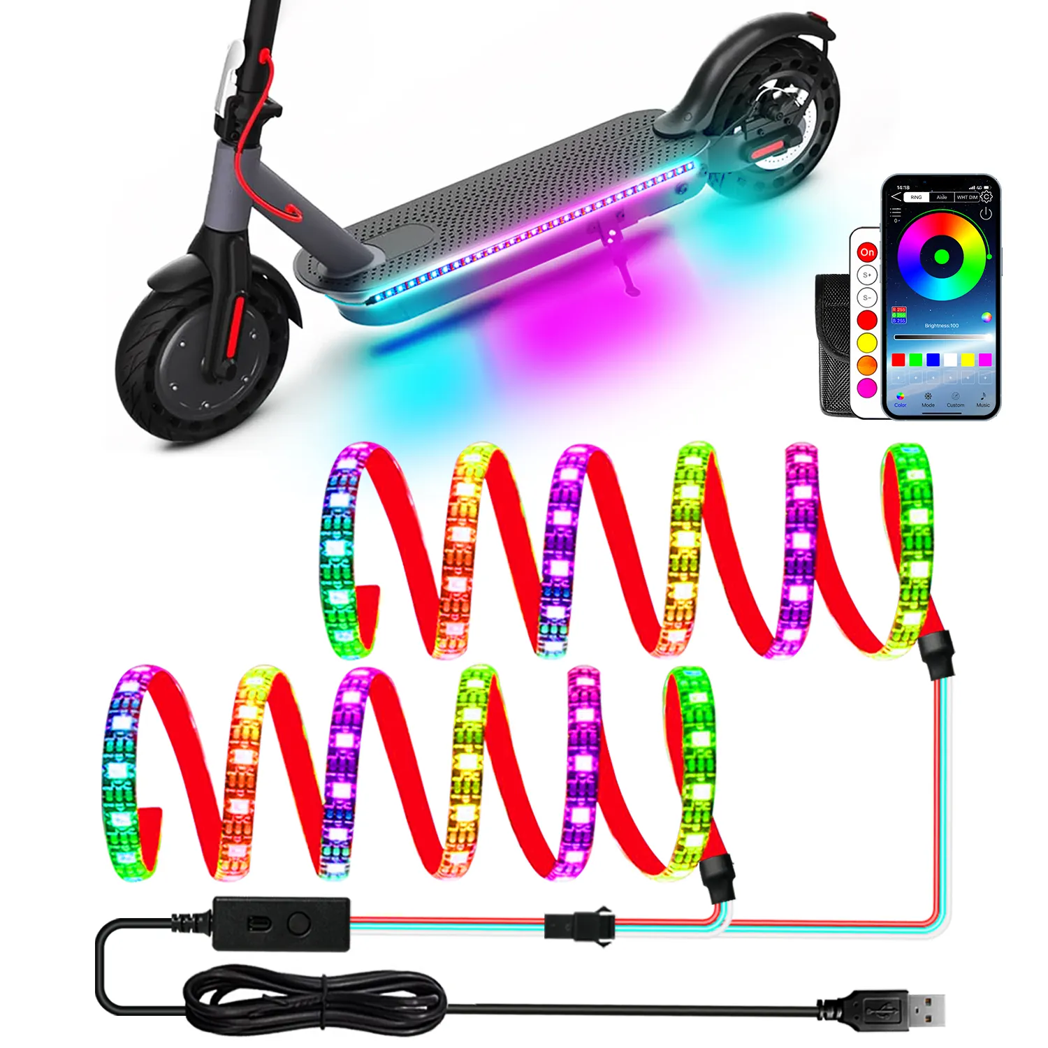 Bande lumineuse LED Rgb pour voiture Sécurité Skateboard Scooter Accessoires Night Cycling Colorful Lamp 12V Electric Scooter LED Strip Light