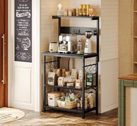 Étagère de cuisine en fer avec prise électrique, table de bar à café, support micro-ondes à 4 niveaux, 6 crochets en S, étagère de rangement durable et moderne