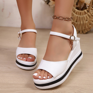 Women European and American Style Wedge Sandals Summer New Thick Sole Color <b>Block</b> Big Fish Mouth Roman Sandals Wholesale - Product Image 2