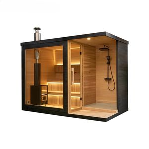 <span class=keywords><strong>Sauna</strong></span> tradizionale da esterno in cedro rosso con doccia, per 4-5 persone, con infrarossi, moderna, in legno di sequoia, modello Barrel Smart Combo - Product Image 6