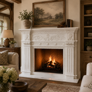 Chimenea tradicional de mármol con tallado ornamentado, de mármol blanco, para interiores, con estufa de leña para comedor. - Product Image 6