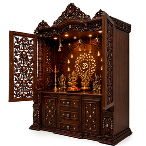 Divine Teak Wood Puja Mandir In <b>Walnut</b> Finish Big Size Solid Wood Mandir With Carved Doors For Home Traditional Home Shrine USA - Product Image 3