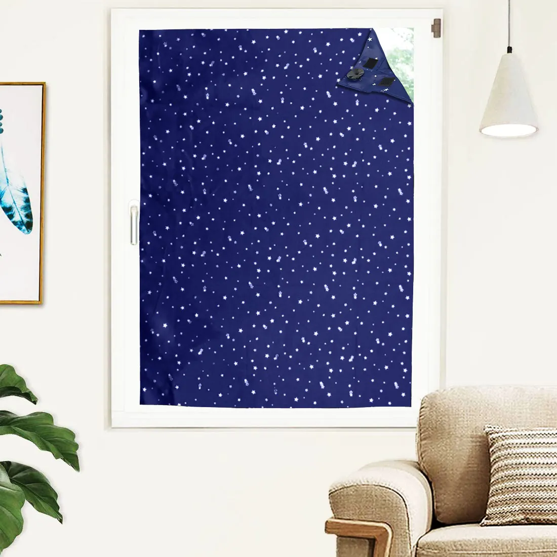 Cortina de persiana opaca portátil con estampado de estrellas de alta calidad, ventosas negras extraíbles