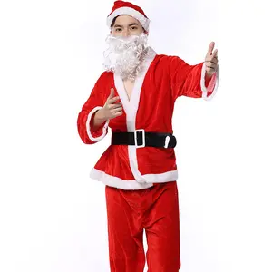 Hızlı kargo yüksek kalite noel noel baba kadife elbise sıcak satış Cosplay kırmızı kostüm 3 adet için set ile sakal