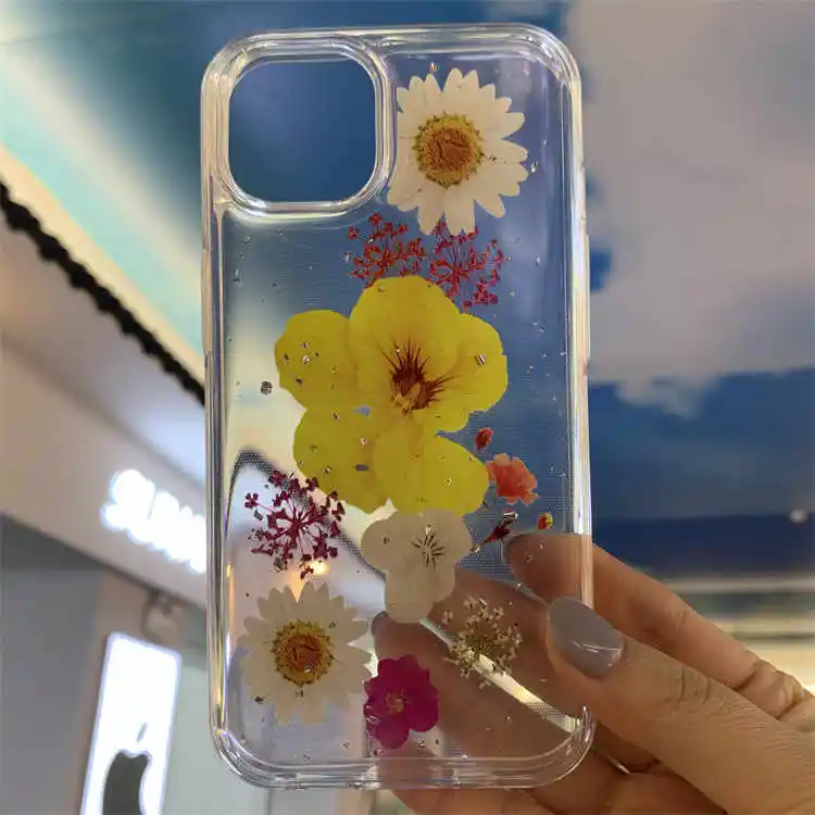Hard PC flexible TPU Bling Gold Foil epoxy printed flowers phone case for iphone 14 13 12