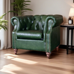 Sillón Vintage de Cuero Genuino Verde con Mechones, Estilo Mediados de Siglo, para Sala de Estar, Dormitorio, Estilo Inglés, Finales del Siglo XX - Product Image 1