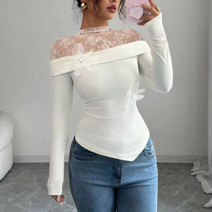 Camisa de Moda para Mujer, Estilo Casual, Cuello Alto con Encaje, Corte Ajustado, Poliéster Suave, Panelada, Primavera/Verano - Product Image 1