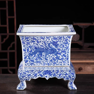 Maceta de cerámica cuadrada azul y blanca china vintage, maceta de porcelana con pies con patrón Floral/Kylin para jardinería interior - Product Image 3