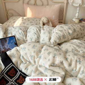 Retro Floral Print Milk Fleece Four-Piece <b>Bedding</b> <b>Set</b> Thickened Warm Skin-Friendly Winter Use Anti-Static - Product Image 4