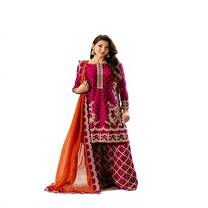 Pink Embroidered Floor-Length <b>Kurta</b> Set With Orange Dupatta <b>Women</b> Traditional Ethnic Indian Pakistani Wedding Wear - Product Image 1