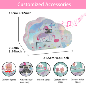 Boîte à musique Licorne Nuage <span class=keywords><strong>de</strong></span> Rêve - Organisateur <span class=keywords><strong>de</strong></span> bijoux en papier avec figurine Sirène, miroir et chansons personnalisées, cadeau <span class=keywords><strong>de</strong></span> princesse pour filles - Product Image 4