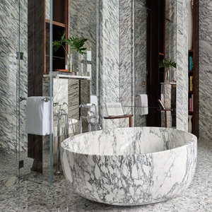 Baignoire ronde autoportante en <span class=keywords><strong>marbre</strong></span> blanc Arabescato, baignoire de luxe en pierre avec bain à remous pour salle de bain - Product Image 1