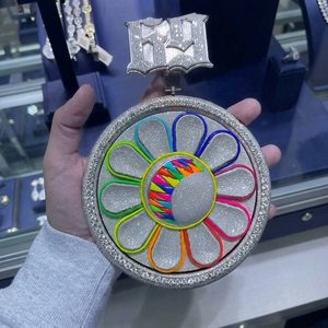 Glitter Round Charm Pendant Rainbow Flower <b>Disc</b> Crystal Rhinestone Border Silver Plated Trendy Jewelry Accessory - Product Image 1