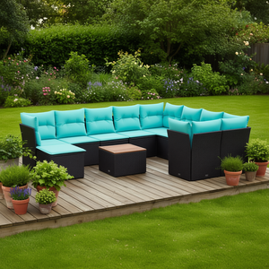 Black Poly <b>Rattan</b> Patio <b>Sofa</b> Set With Cushions 11 Piece Outdoor Garden Furniture Contemporary Design - Product Image 2