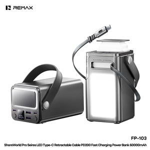 PD200 Fast Charging Power Bank 60000mAh <b>Type</b>-<b>C</b> Retractable <b>Cable</b> High Capacity Portable Banks Dual LED Lights FP-103 FP-103 - Product Image 1
