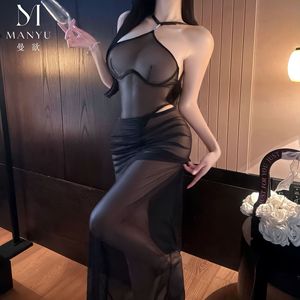 Manyu's new sexy lingerie bodysuit with mesh see-through halter neck and sexy shaping tulle long skirt 9574 - Product Image 2