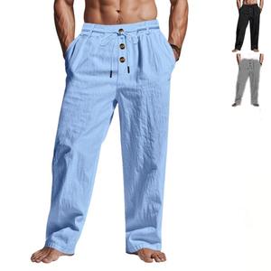 Pantaloni in <span class=keywords><strong>Lino</strong></span> di Alta Qualità per Uomo, Lunghi e Traspiranti per l'Estate, Comodi Pantaloni Casual da Spiaggia a Vita Media e Gamba Dritta - Product Image 1