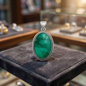 Pendentif en malachite de formes variées, pierre précieuse polie, bijou artisanal avec cadre en argent, cristal de guérison - Product Image 2