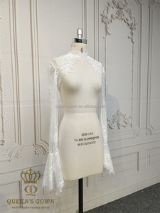 QUEENSGOWN Élégant Boléro de Mariée Amovible en Dentelle Chantilly Française <span class=keywords><strong>Ivoire</strong></span> à Manches Longues et Col Montant - Product Image 2