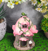 Figurine de maison champignon en résine pour paysage de jardin Décoration extérieure Ornements de maison roses avec lumières solaires