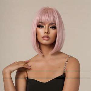 Peluca Corta para Mujer, Estilo Bob Recto con Flequillo, Color Rosa <span class=keywords><strong>Sakura</strong></span>, Diseño de Corona Alta, Sin Pegamento, Gorra de Malla Rosa, Fibra Resistente a Altas Temperaturas - Product Image 2